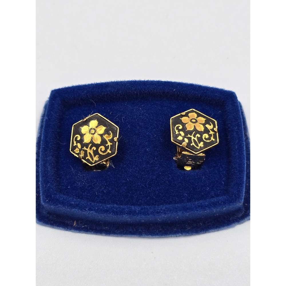 Vintage‎ Damascene Black GoldFloral Hexagon Clip-On Earrings Gold Tone Metal